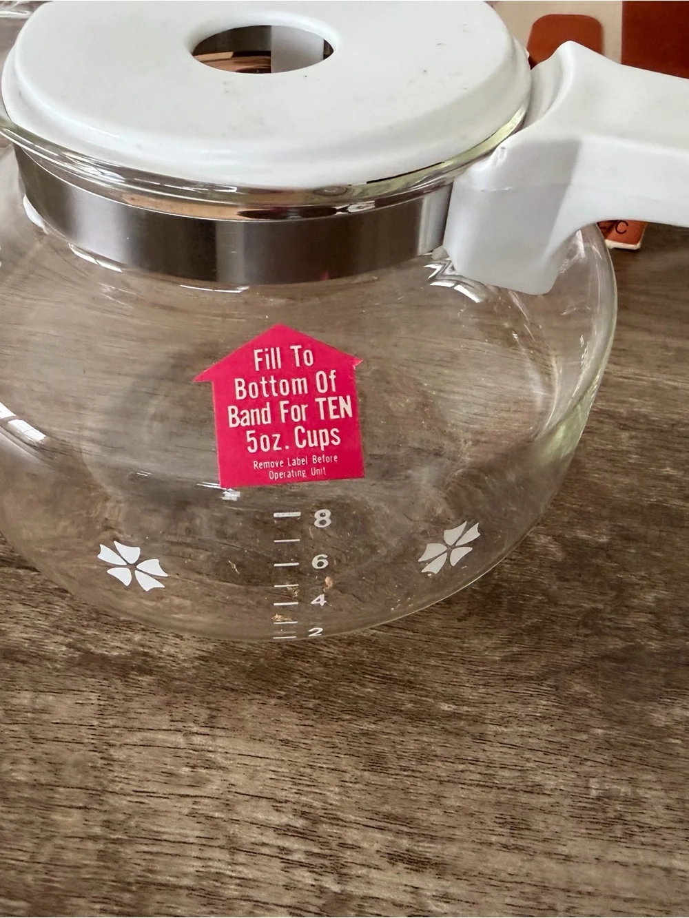 NIB: Vintage 1975 Mr. Coffee Glass Decanter D-7C: Floral Design, 10 Cup Carafe
